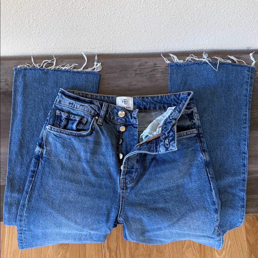 Anine Bing Distressed Button Fly Blue Flare Jeans Size 27 - Picture 6 of 16